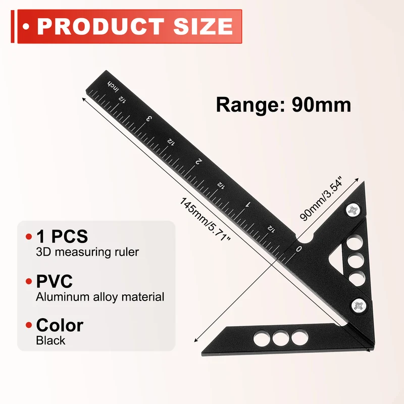Imperial 3D Measuring Ruler Woodworking Square Protractor, Black