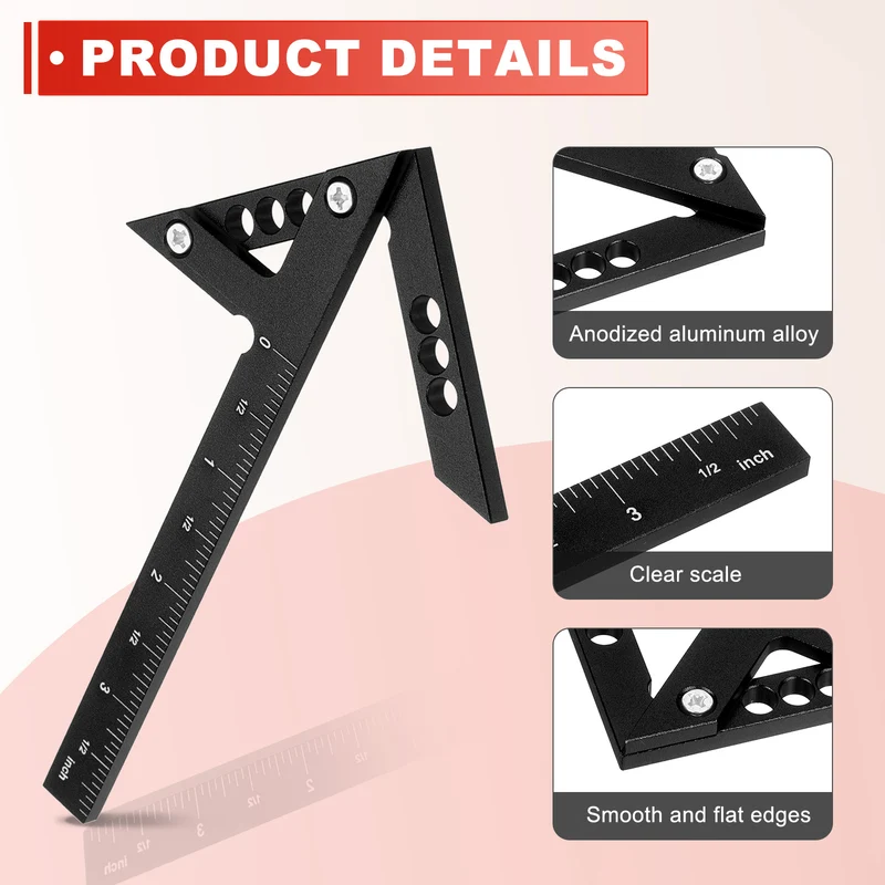 Imperial 3D Measuring Ruler Woodworking Square Protractor, Black