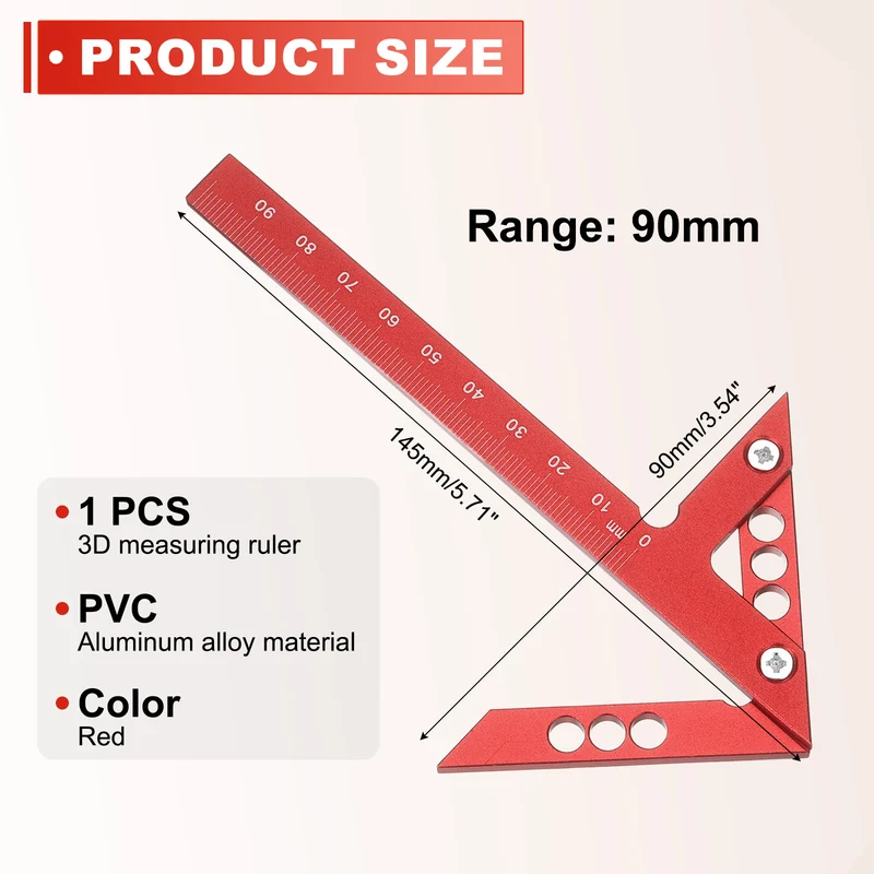 Metric 3D Measuring Ruler Woodworking Square Protractor, Red