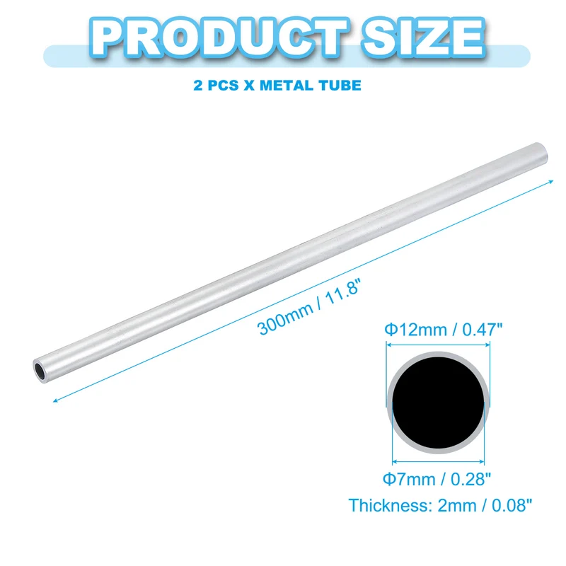 2 Pcs 6063 Aluminum Tube, 12mm OD 2mm Thickness 300mm Length Round Tubing