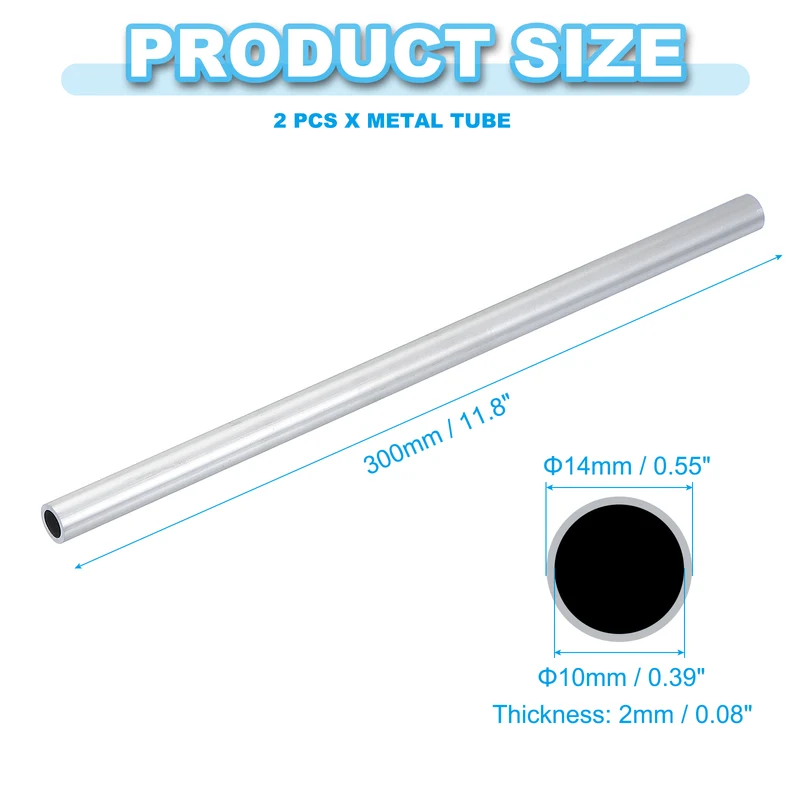2 Pcs 6063 Aluminum Tube, 14mm OD 2mm Thickness 300mm Length Round Tubing