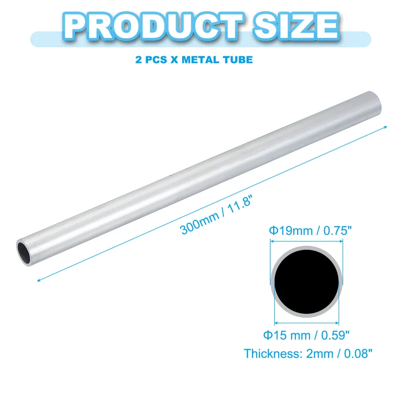 2 Pcs 6063 Aluminum Tube, 19mm OD 2mm Thickness 300mm Length Round Tube