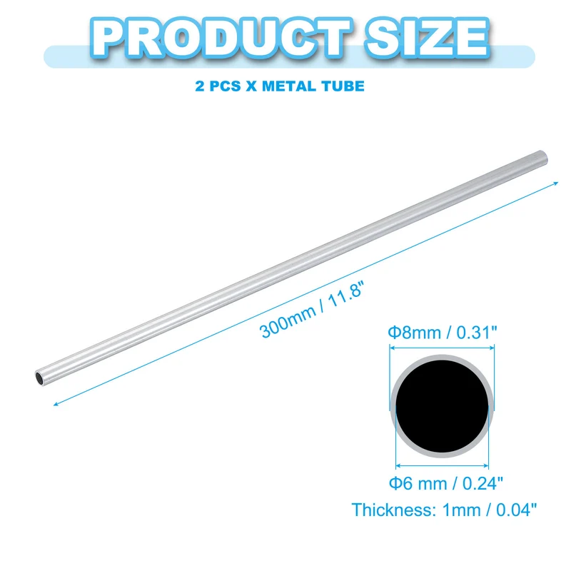 2 Pcs 6063 Aluminum Tube, 8mm OD 1mm Thickness 300mm Length Round Tubing