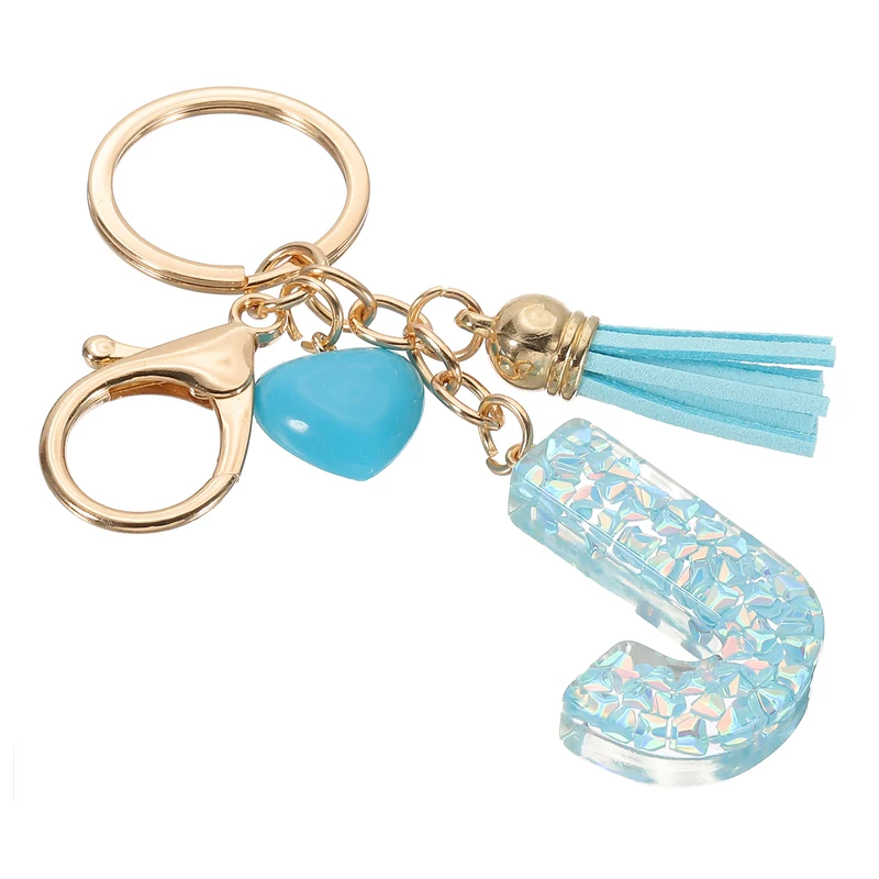 Initial Letter Keychain, Letter J Heart Design Charm with Tassels, Blue