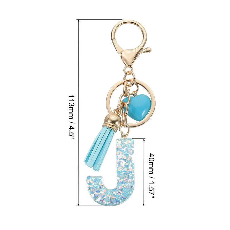 Initial Letter Keychain, Letter J Heart Design Charm with Tassels, Blue
