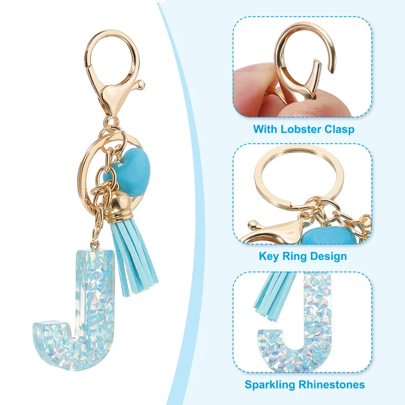 Initial Letter Keychain, Letter J Heart Design Charm with Tassels, Blue