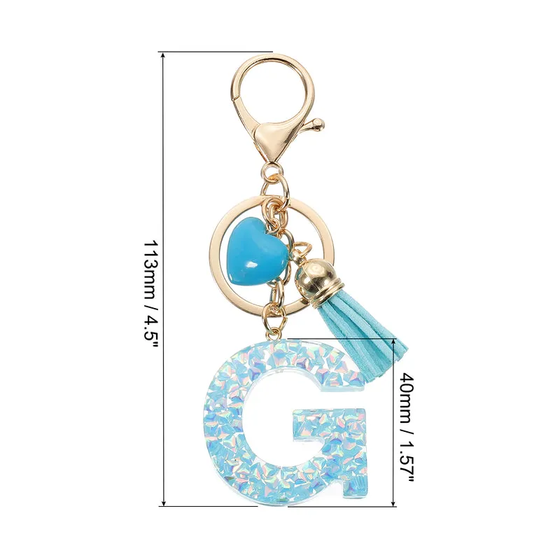 Initial Letter Keychain, Letter g Heart Design Charm with Tassels, Blue