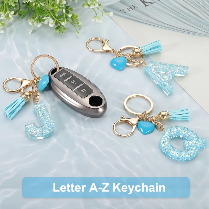 Initial Letter Keychain, Letter g Heart Design Charm with Tassels, Blue