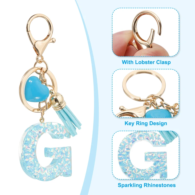Initial Letter Keychain, Letter g Heart Design Charm with Tassels, Blue