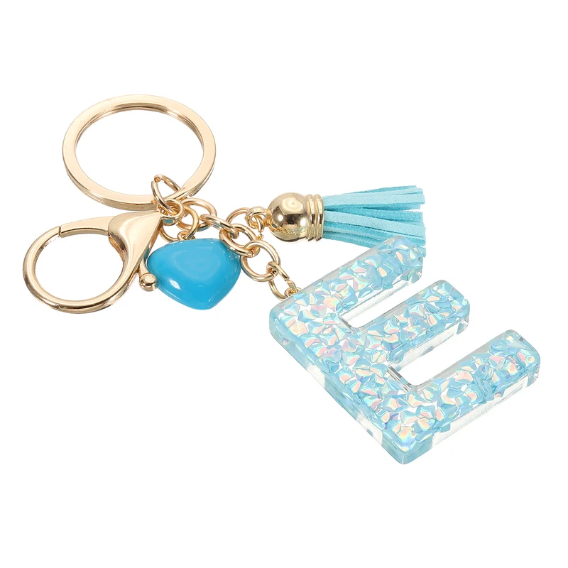 Initial Letter Keychain, Letter E Heart Design Charm with Tassels, Blue