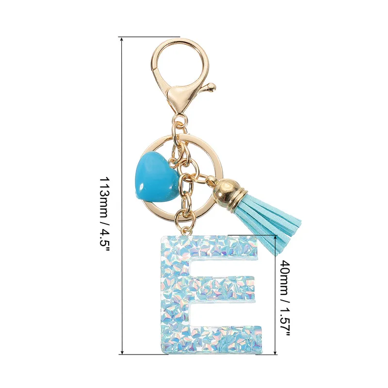 Initial Letter Keychain, Letter E Heart Design Charm with Tassels, Blue