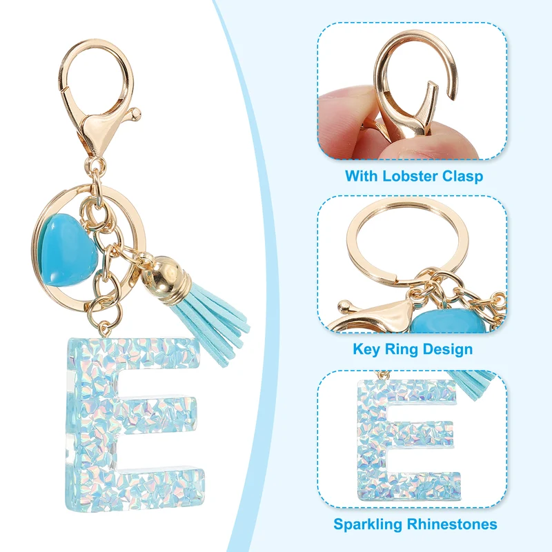 Initial Letter Keychain, Letter E Heart Design Charm with Tassels, Blue