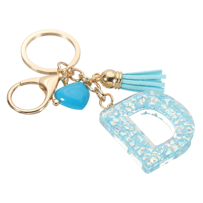 Initial Letter Keychain, Letter D Heart Design Charm with Tassels, Blue