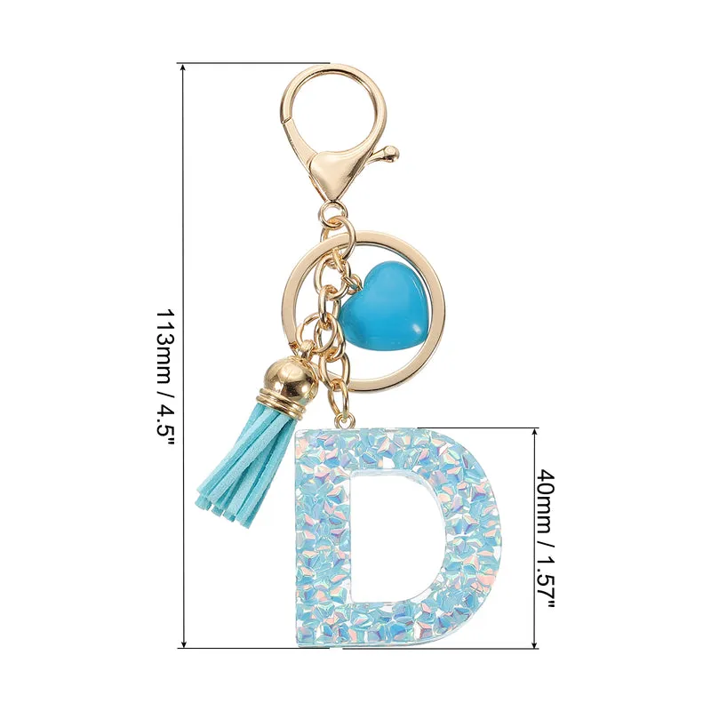 Initial Letter Keychain, Letter D Heart Design Charm with Tassels, Blue
