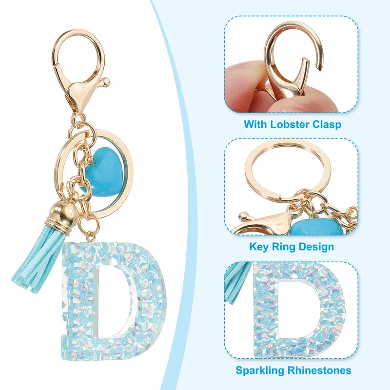 Initial Letter Keychain, Letter D Heart Design Charm with Tassels, Blue