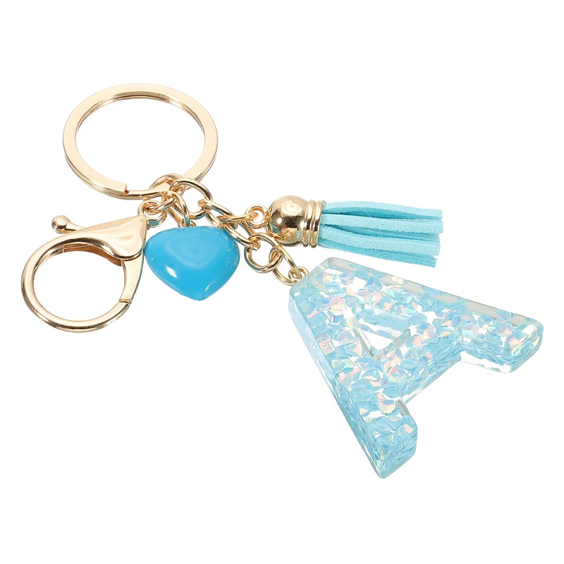 Initial Letter Keychain, Letter A Heart Design Charm with Tassels, Blue