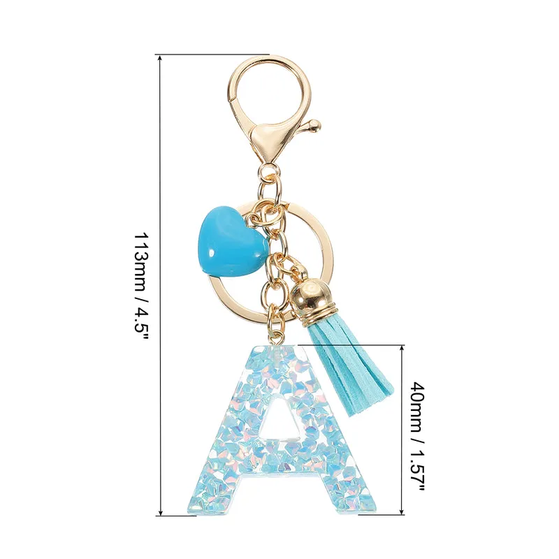 Initial Letter Keychain, Letter A Heart Design Charm with Tassels, Blue