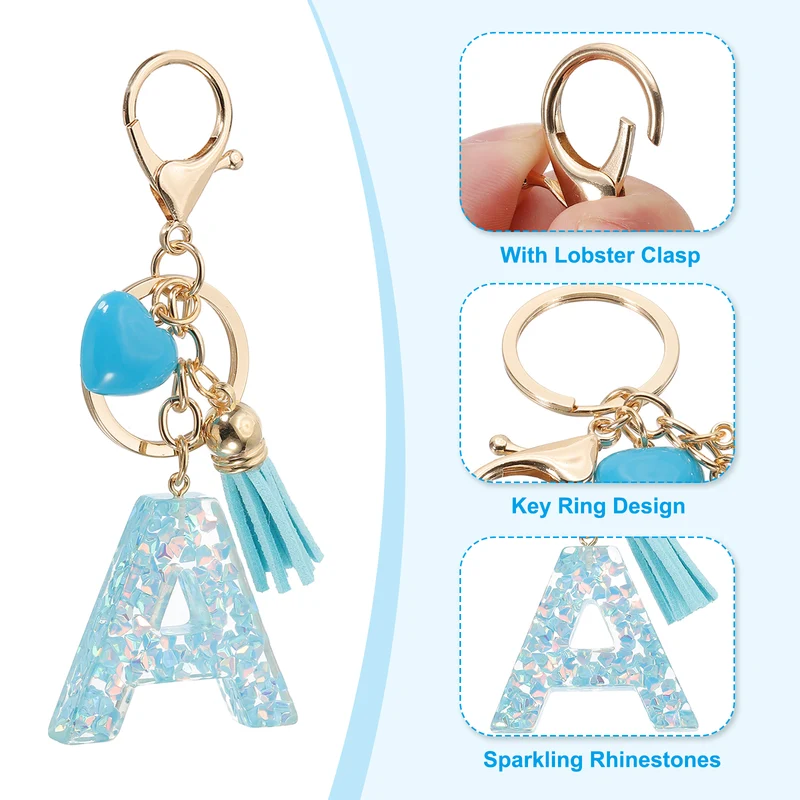 Initial Letter Keychain, Letter A Heart Design Charm with Tassels, Blue