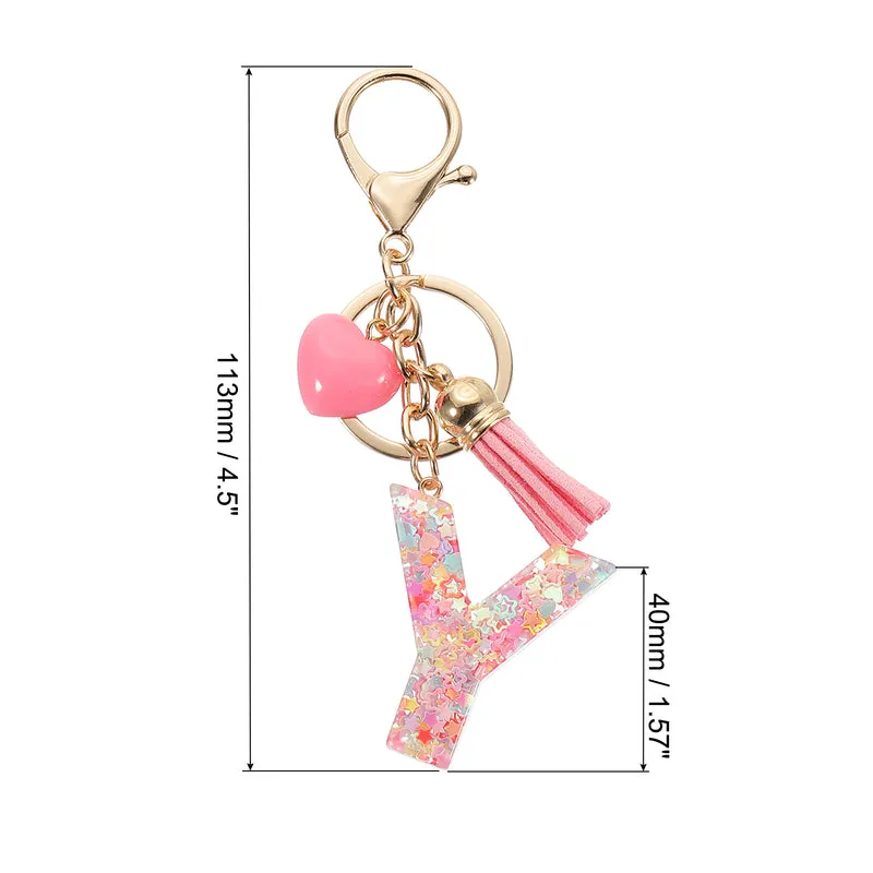 Initial Letter Keychain, Letter Y Heart Design Charm with Tassels, Pink