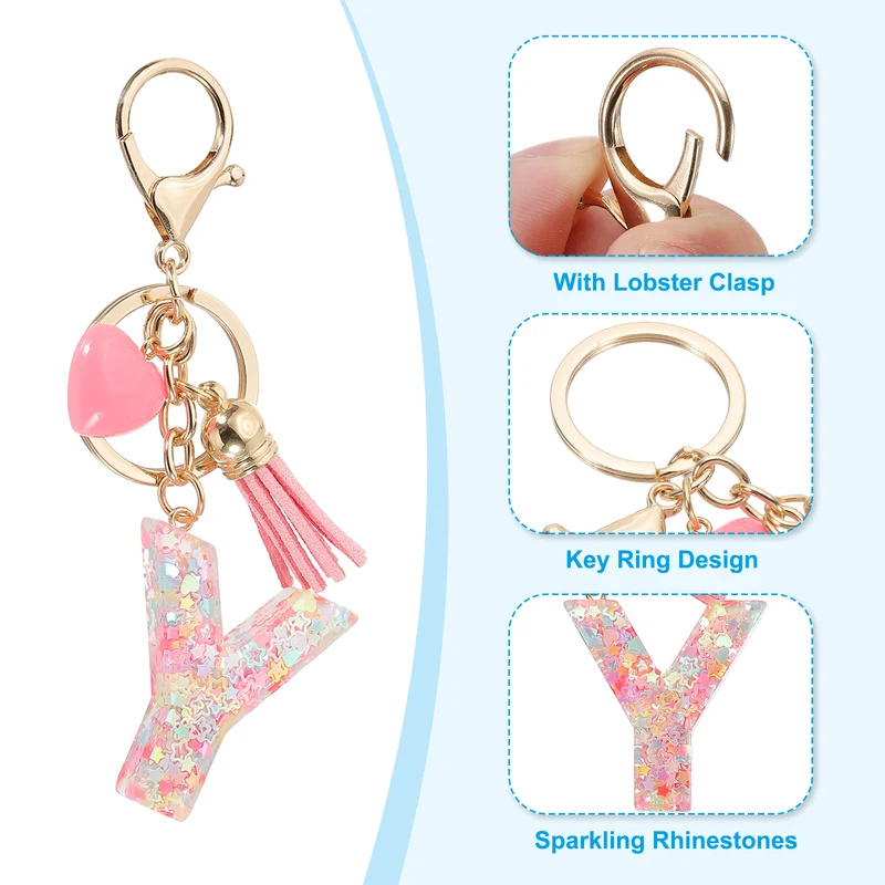 Initial Letter Keychain, Letter Y Heart Design Charm with Tassels, Pink