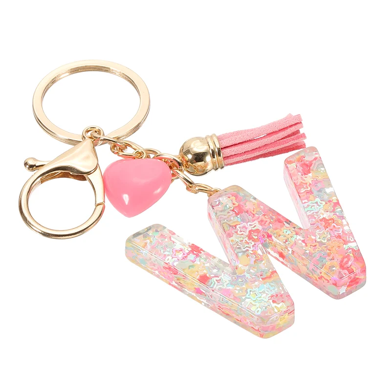 Initial Letter Keychain, Letter W Heart Design Charm with Tassels, Pink