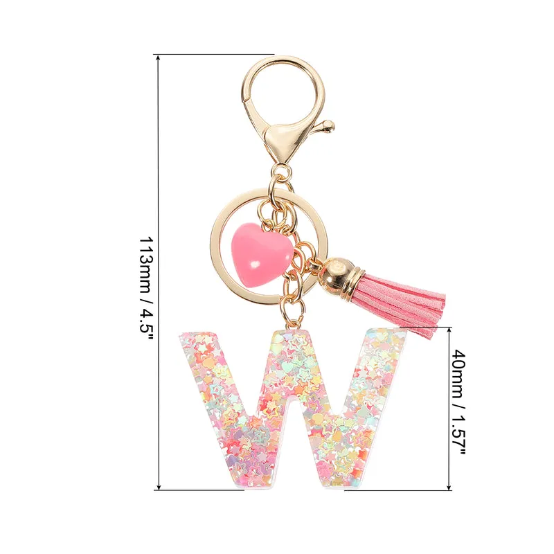 Initial Letter Keychain, Letter W Heart Design Charm with Tassels, Pink