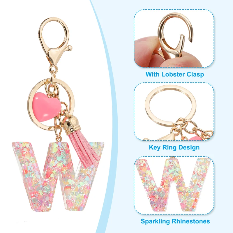 Initial Letter Keychain, Letter W Heart Design Charm with Tassels, Pink