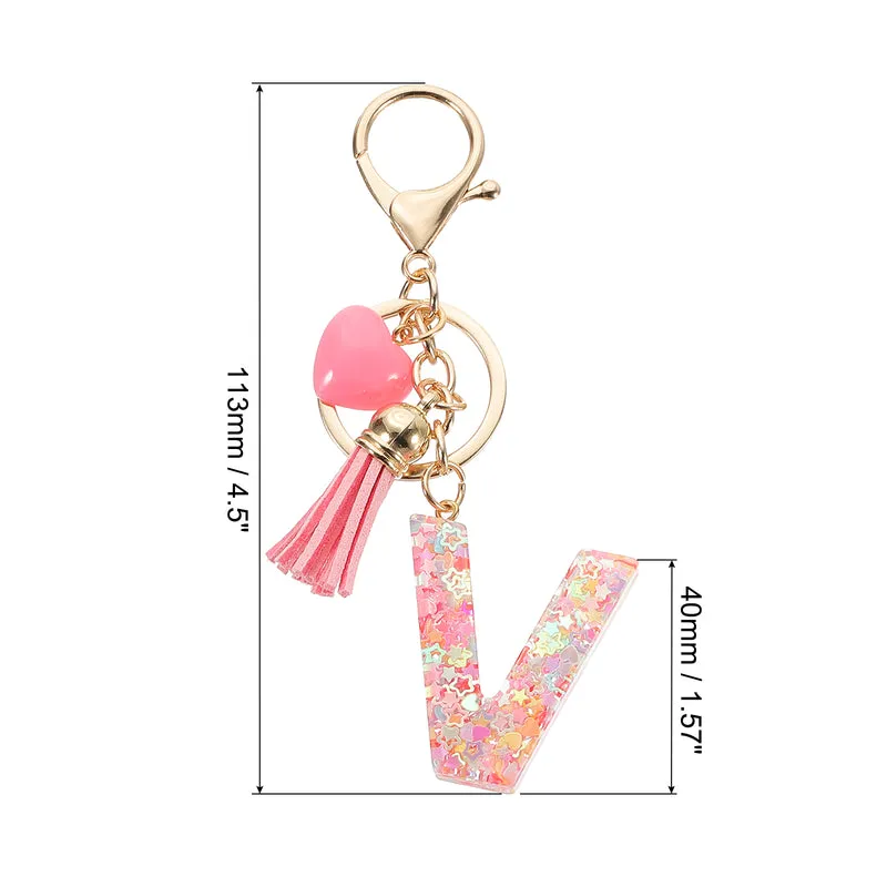 Initial Letter Keychain, Letter V Heart Design Charm with Tassels, Pink