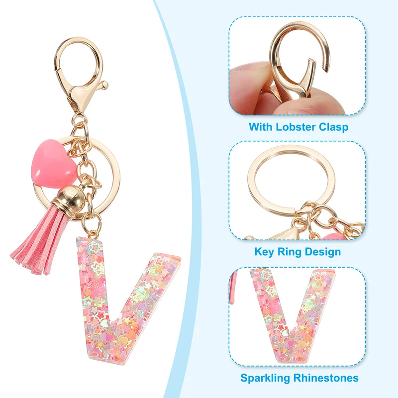 Initial Letter Keychain, Letter V Heart Design Charm with Tassels, Pink