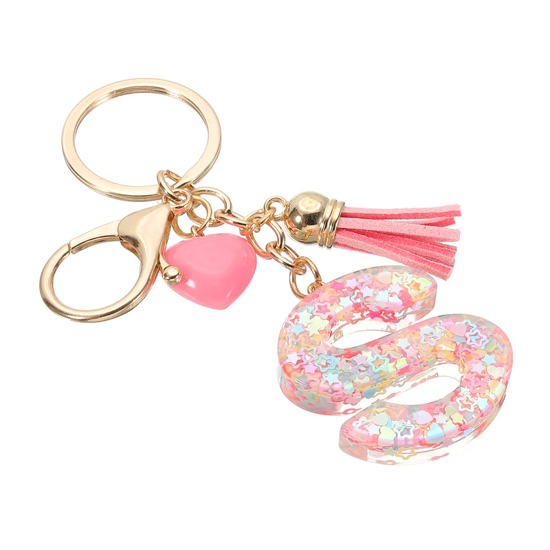 Initial Letter Keychain, Letter S Heart Design Charm with Tassels, Pink