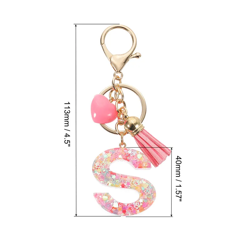 Initial Letter Keychain, Letter S Heart Design Charm with Tassels, Pink