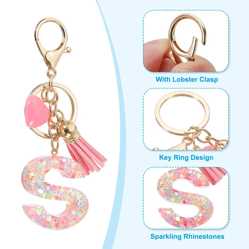 Initial Letter Keychain, Letter S Heart Design Charm with Tassels, Pink