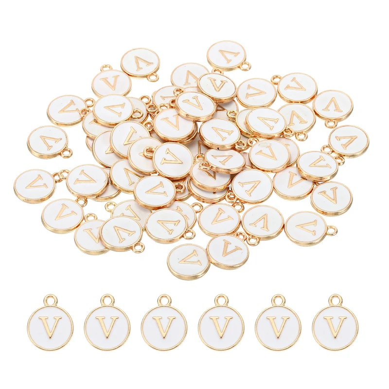 Letter Charm V, 60Pcs Double Sided Alphabet Initial Charm Pendants Beads White