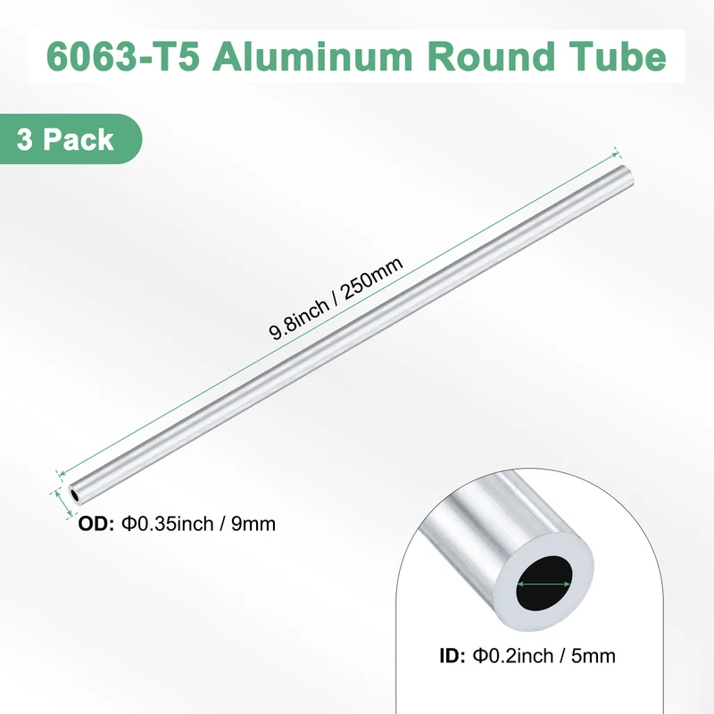 3-Pack 6063 Aluminum Round Tube, 5mmx9mm(IDxOD) 250mm Length Straight Tubing