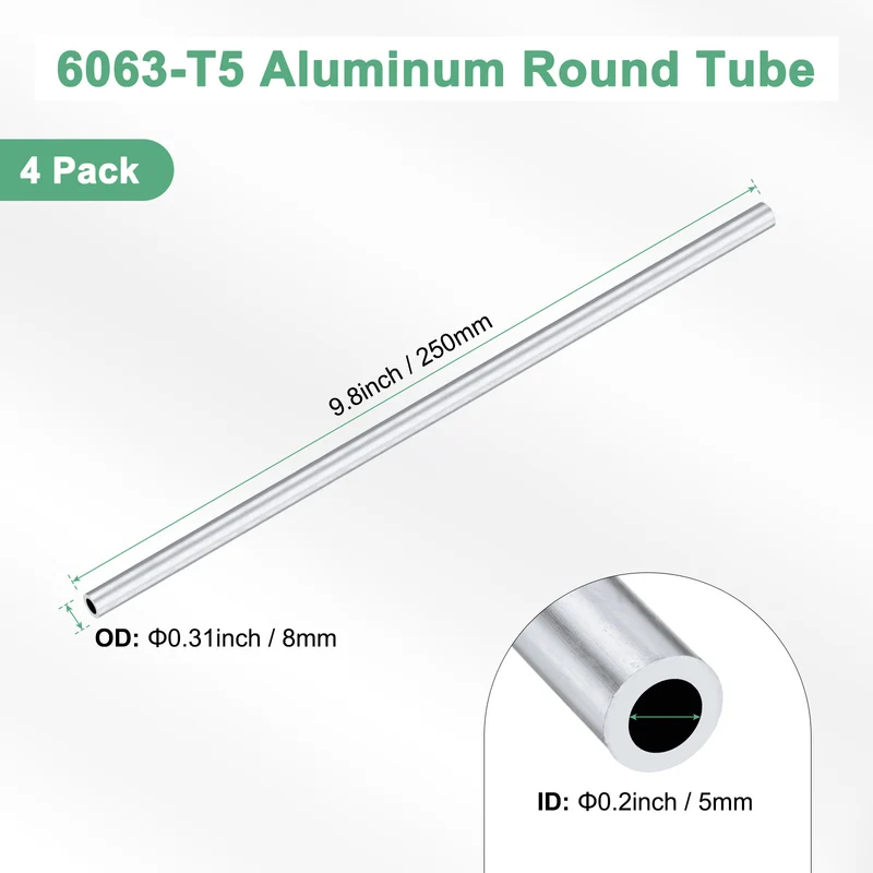 4-Pack 6063 Aluminum Round Tube, 5mmx8mm(IDxOD) 250mm Length Straight Tubing