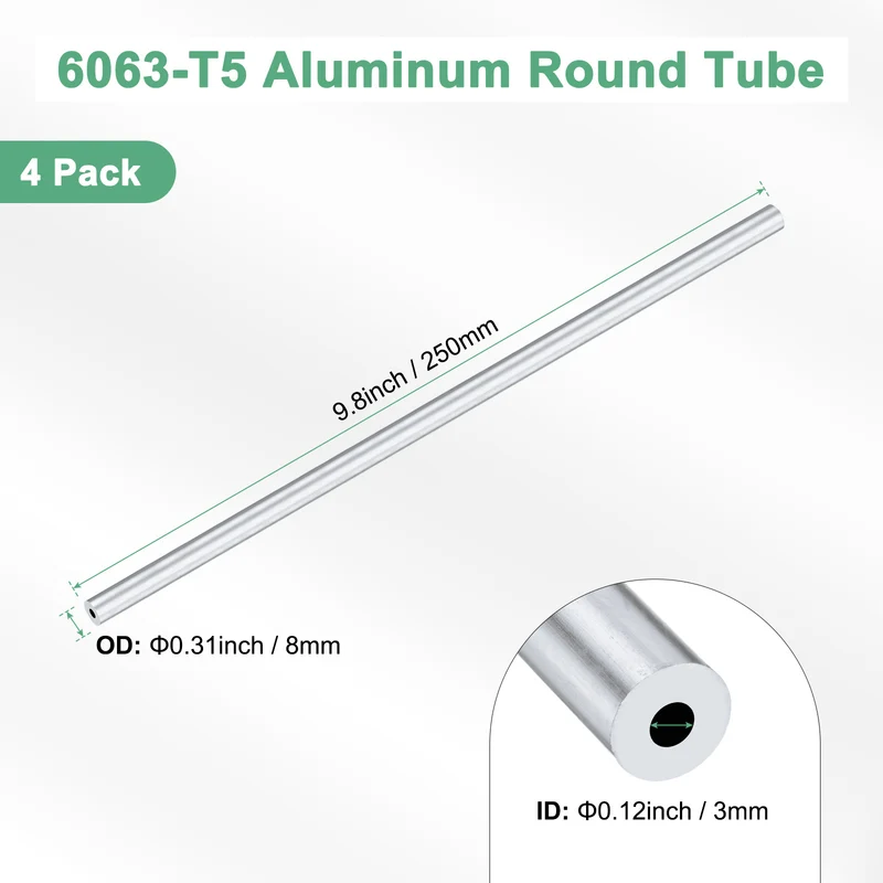 4-Pack 6063 Aluminum Round Tube, 3mmx8mm(IDxOD) 250mm Length Straight Tubing