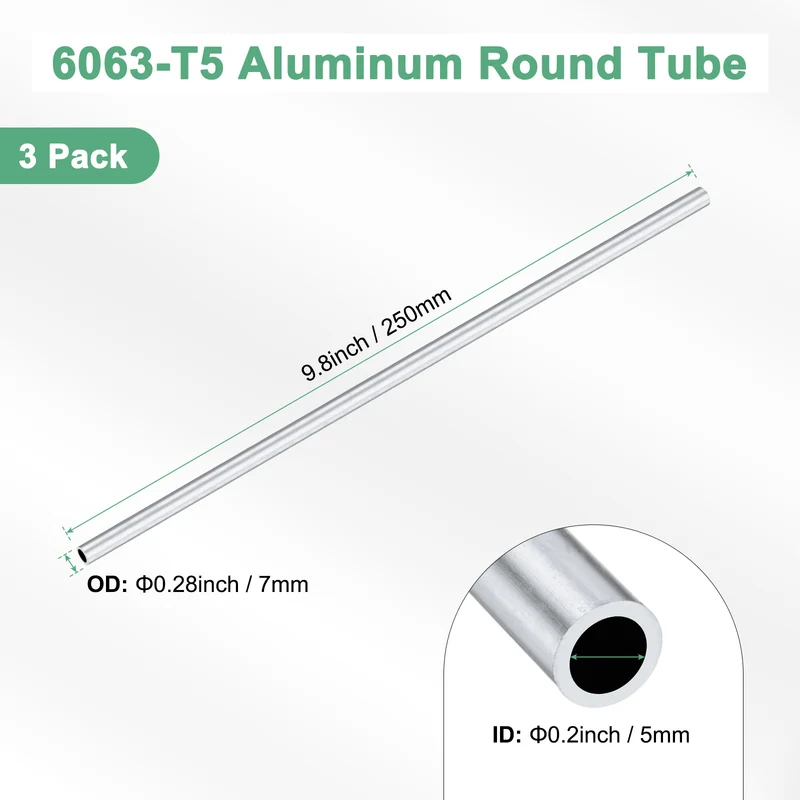 3-Pack 6063 Aluminum Round Tube, 5mmx7mm(IDxOD) 250mm Length Straight Tubing