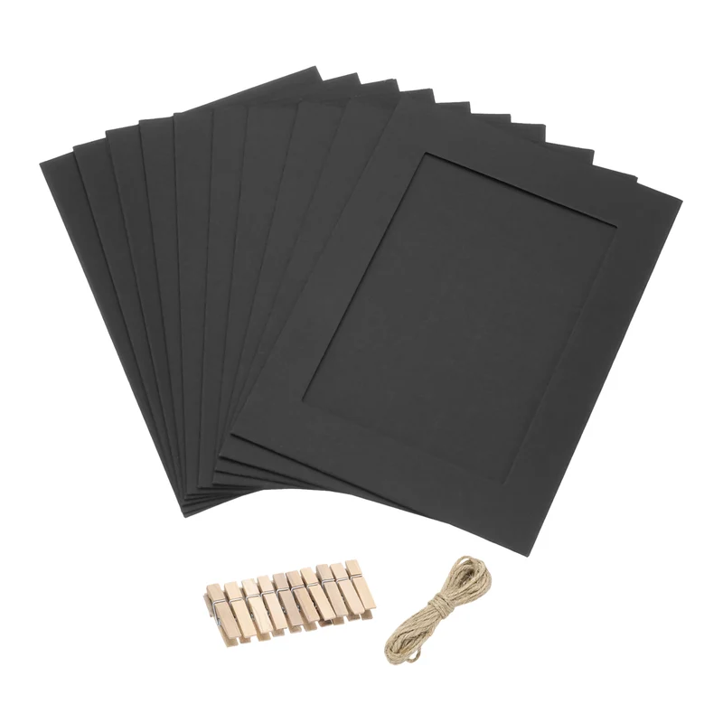 10PCS Paper Photo Frames, 7 x 5 Inch Cardboard Picture Frames with Clip & String, DIY Photo Hanging Display for Home Office Decor, Black
