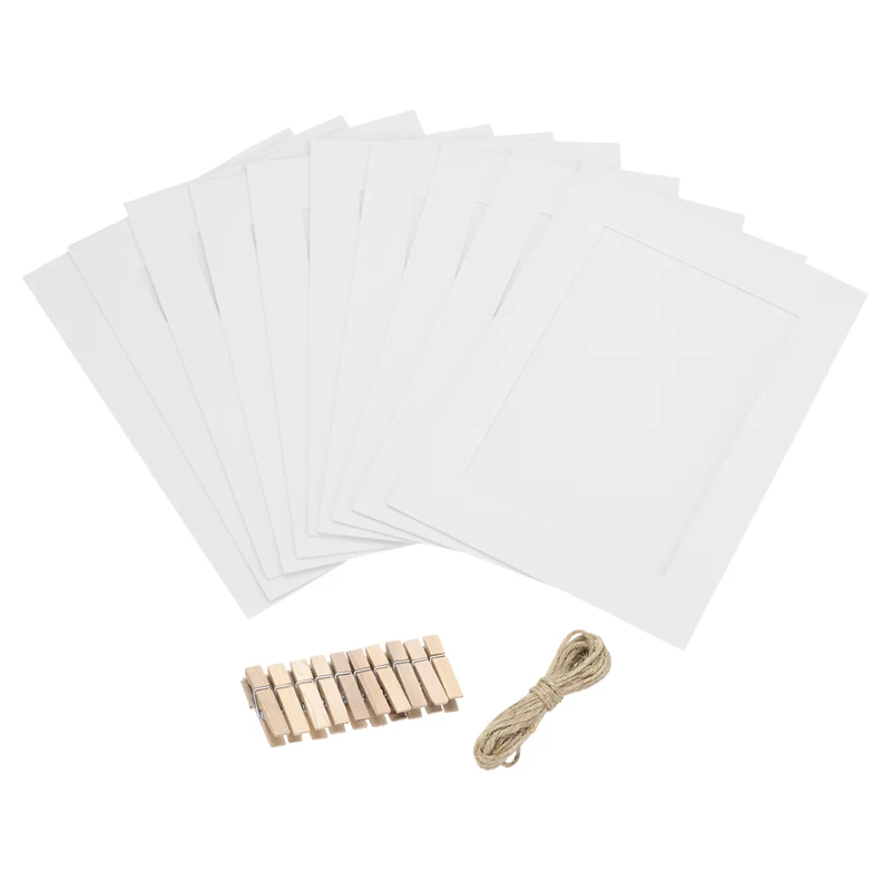 10PCS Paper Photo Frames, 7 x 5 Inch Cardboard Picture Frames with Clips & Strings, DIY Photo Hanging Display for Home Office Decor, White
