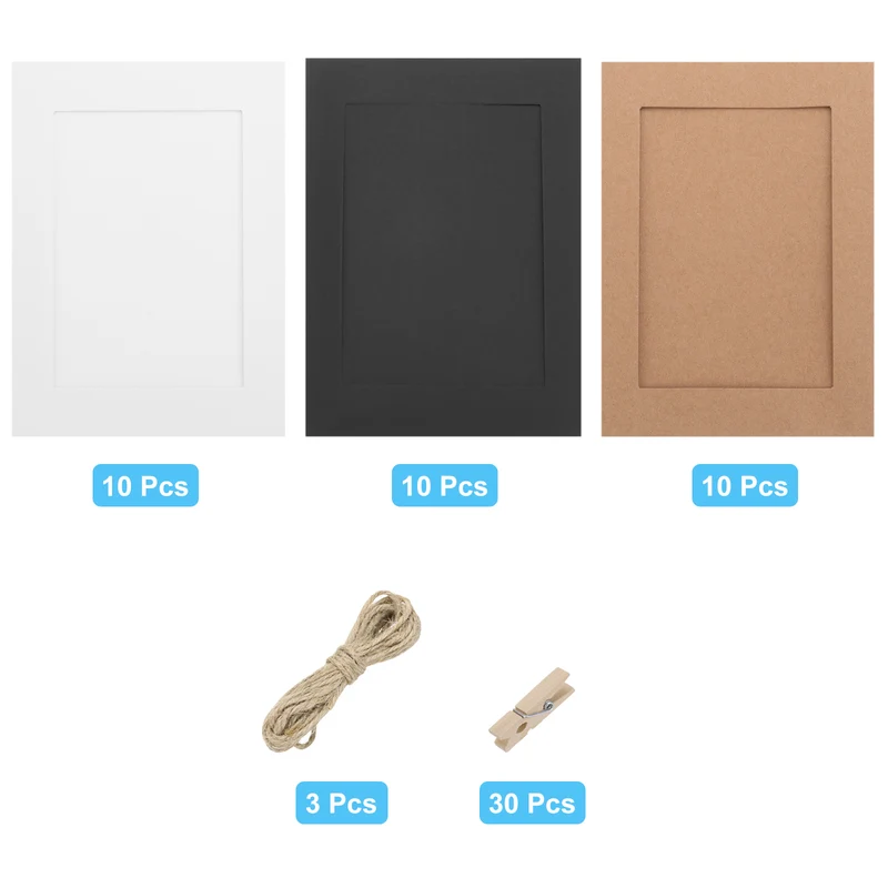 30PCS Paper Photo Frame, 7 x 5 Inch Cardboard Picture Frames with Clips & Strings DIY Photo Hanging Display for Home Office Decor, Black&White