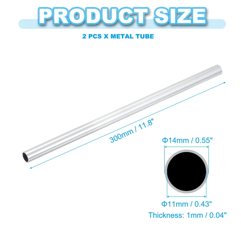 2 Pcs 6063 Aluminum Tube, 14mm OD 1mm Thickness 300mm Length Round Tubing