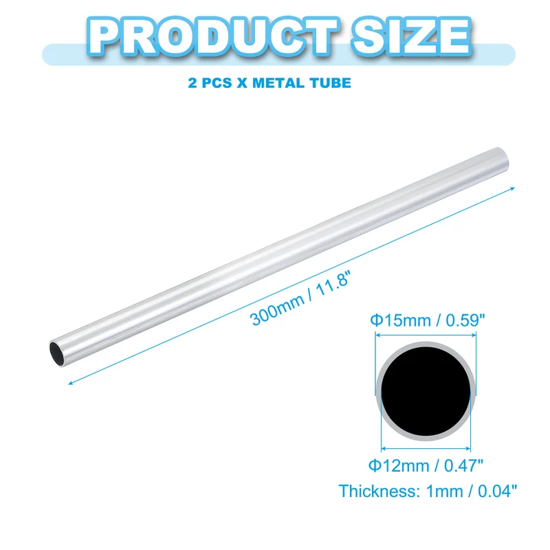 2 Pcs 6063 Aluminum Tube, 15mm OD 1mm Thickness 300mm Length Round Tubing