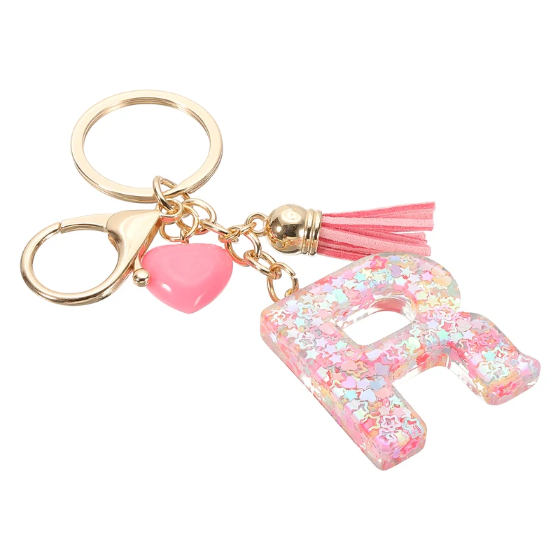 Initial Letter Keychain, Letter R Heart Design Charm with Tassels, Pink