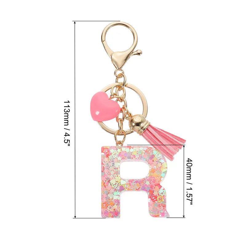 Initial Letter Keychain, Letter R Heart Design Charm with Tassels, Pink