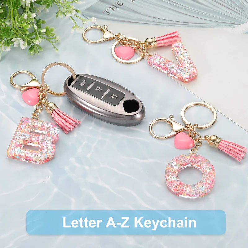 Initial Letter Keychain, Letter R Heart Design Charm with Tassels, Pink