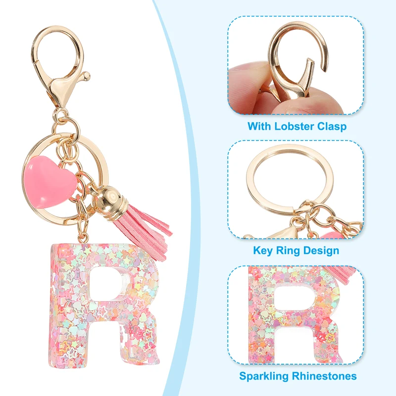 Initial Letter Keychain, Letter R Heart Design Charm with Tassels, Pink
