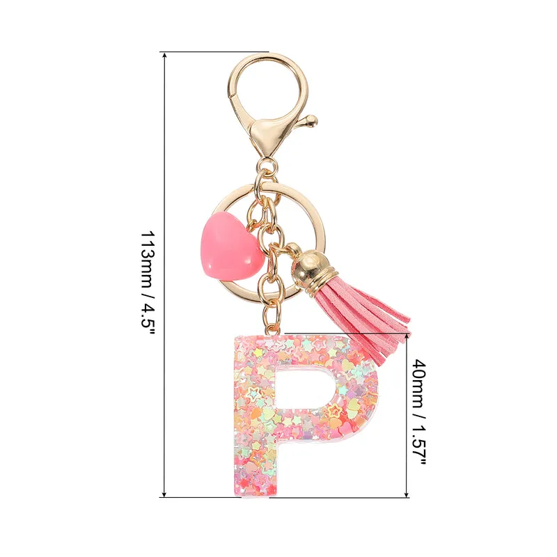 Initial Letter Keychain, Letter P Heart Design Charm with Tassels, Pink