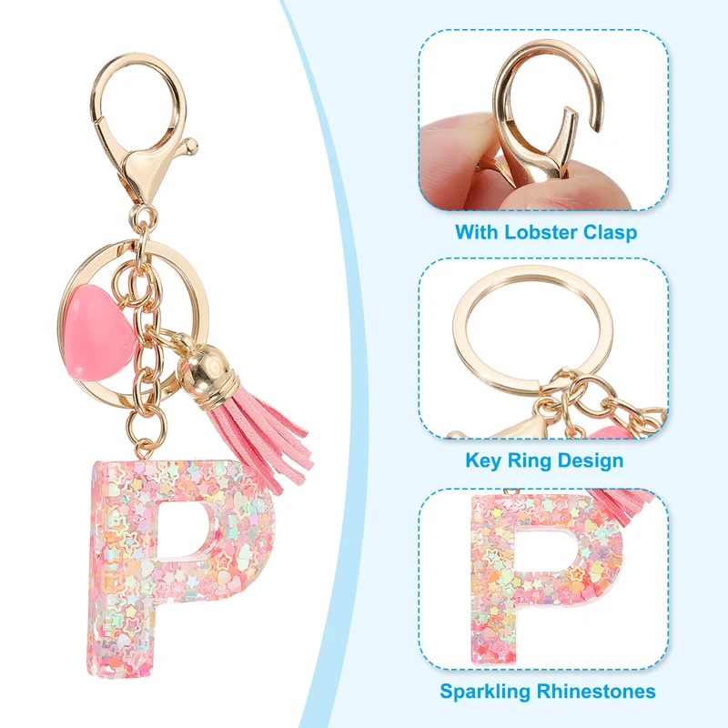 Initial Letter Keychain, Letter P Heart Design Charm with Tassels, Pink