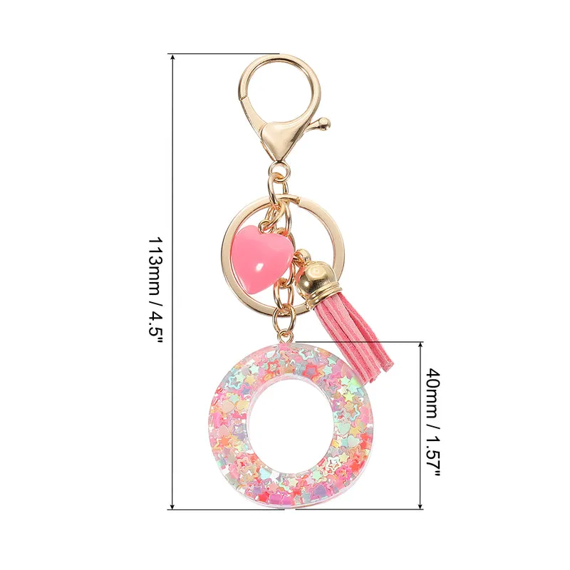 Initial Letter Keychain, Letter O Heart Design Charm with Tassels, Pink