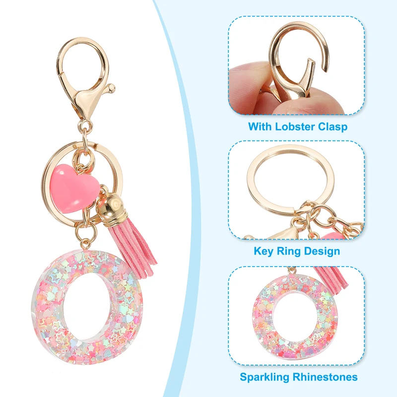 Initial Letter Keychain, Letter O Heart Design Charm with Tassels, Pink